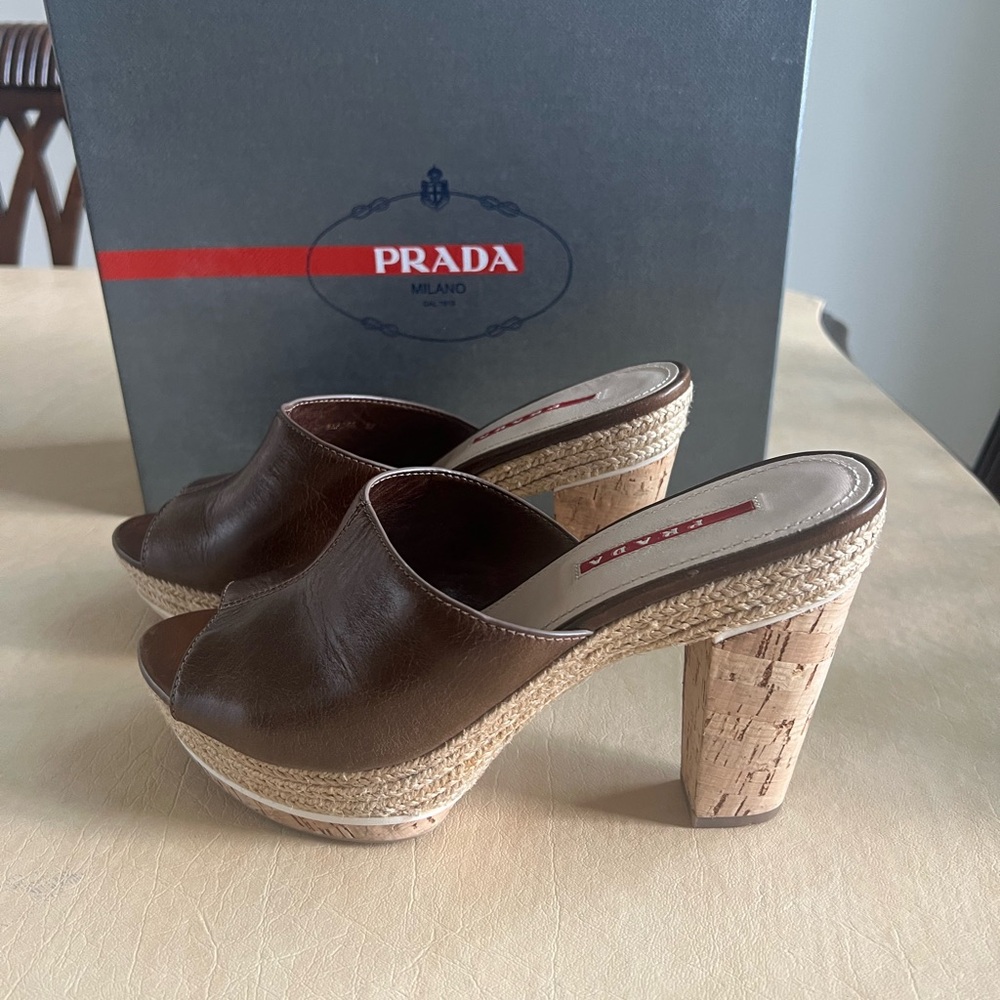 Prada Dark Brown Leather Cork Heel Mules